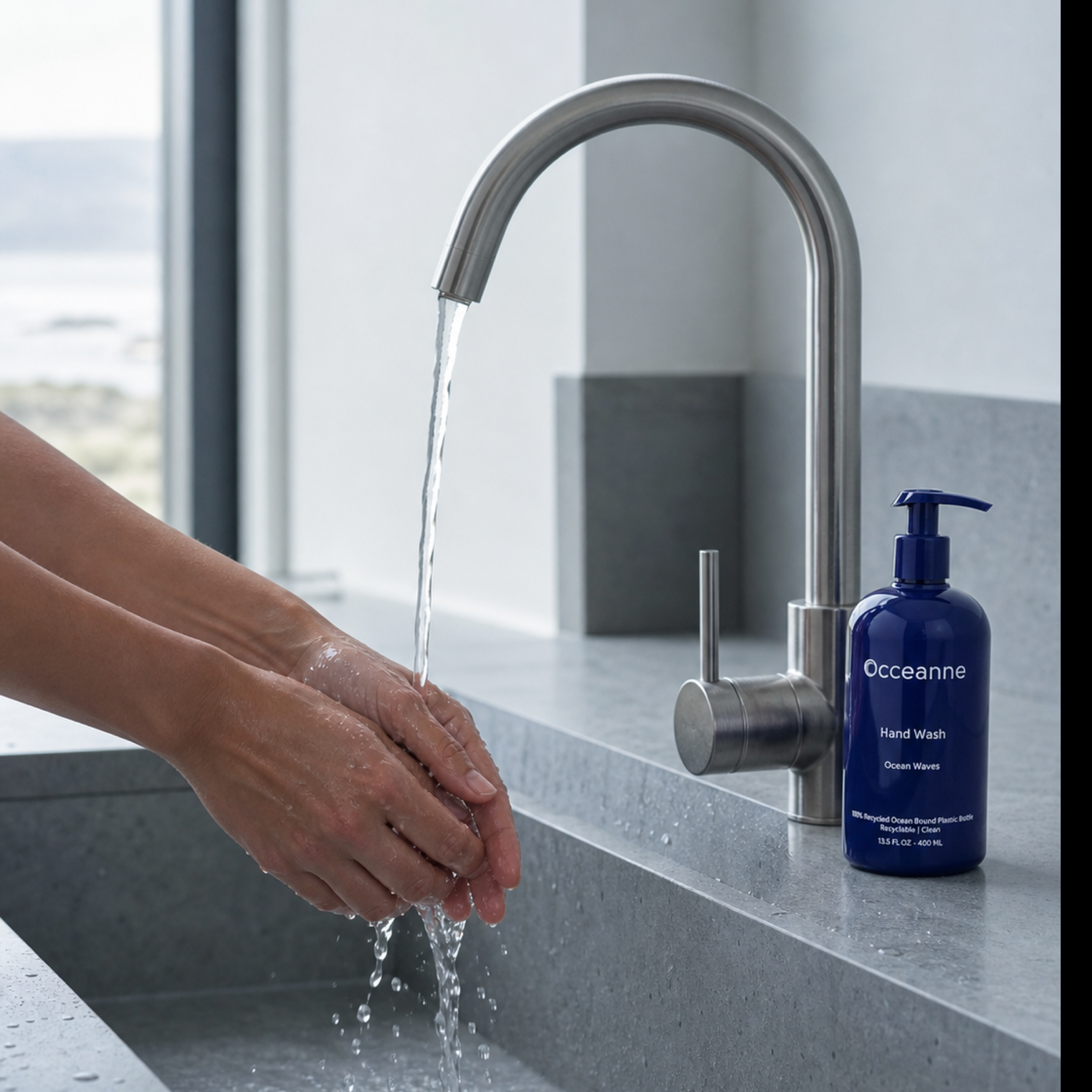 Hands being washed beside Ocean Waves Hand Wash at a basin